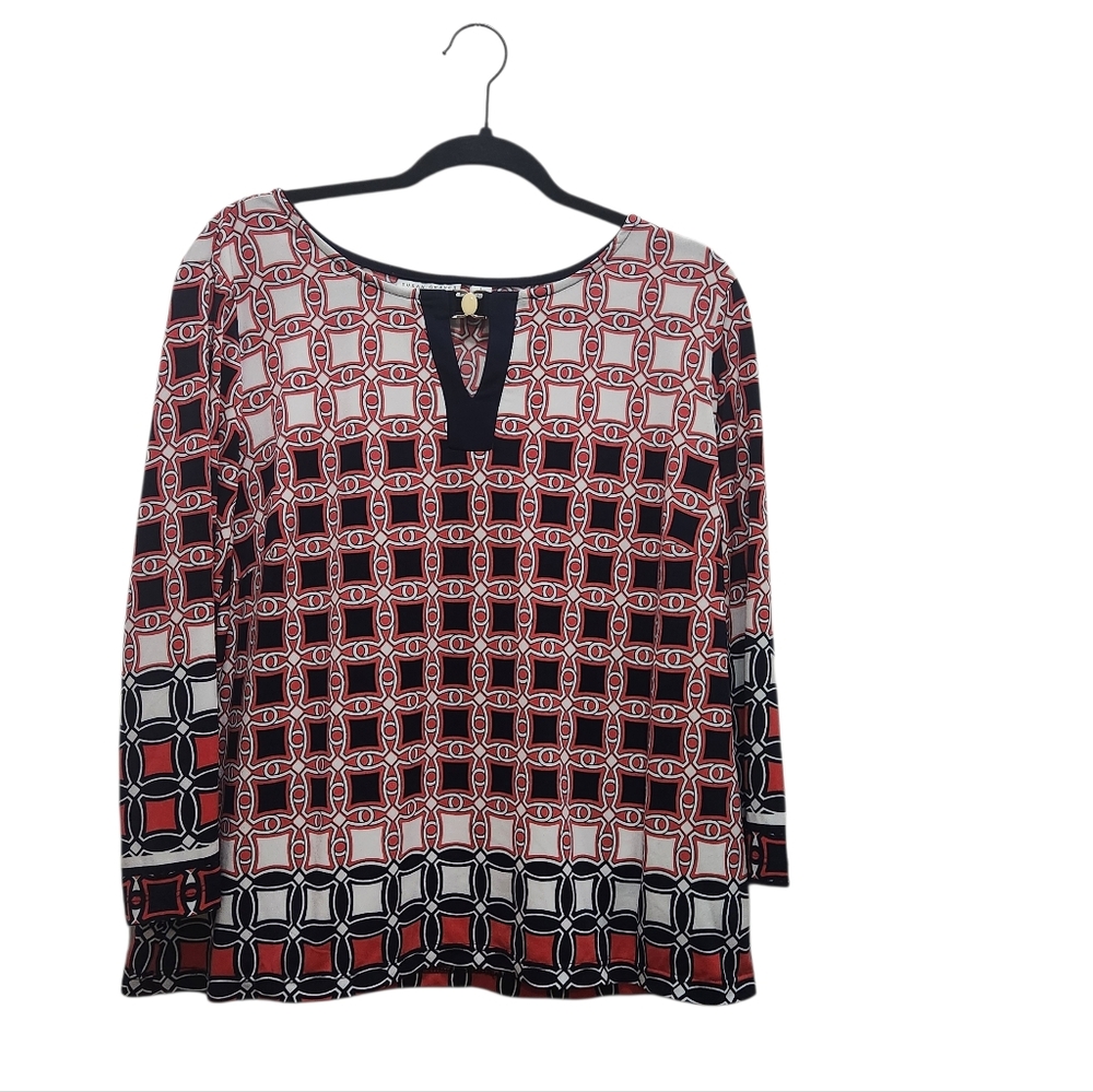 Susan Graver Liquid Knit Keyhole Neckline Coral Navy and White Geometric Tunic L